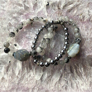 T Jazelle Set of 3 Rutile Rutilated Quartz Gem & Silver Tone Stretch Bracelets
